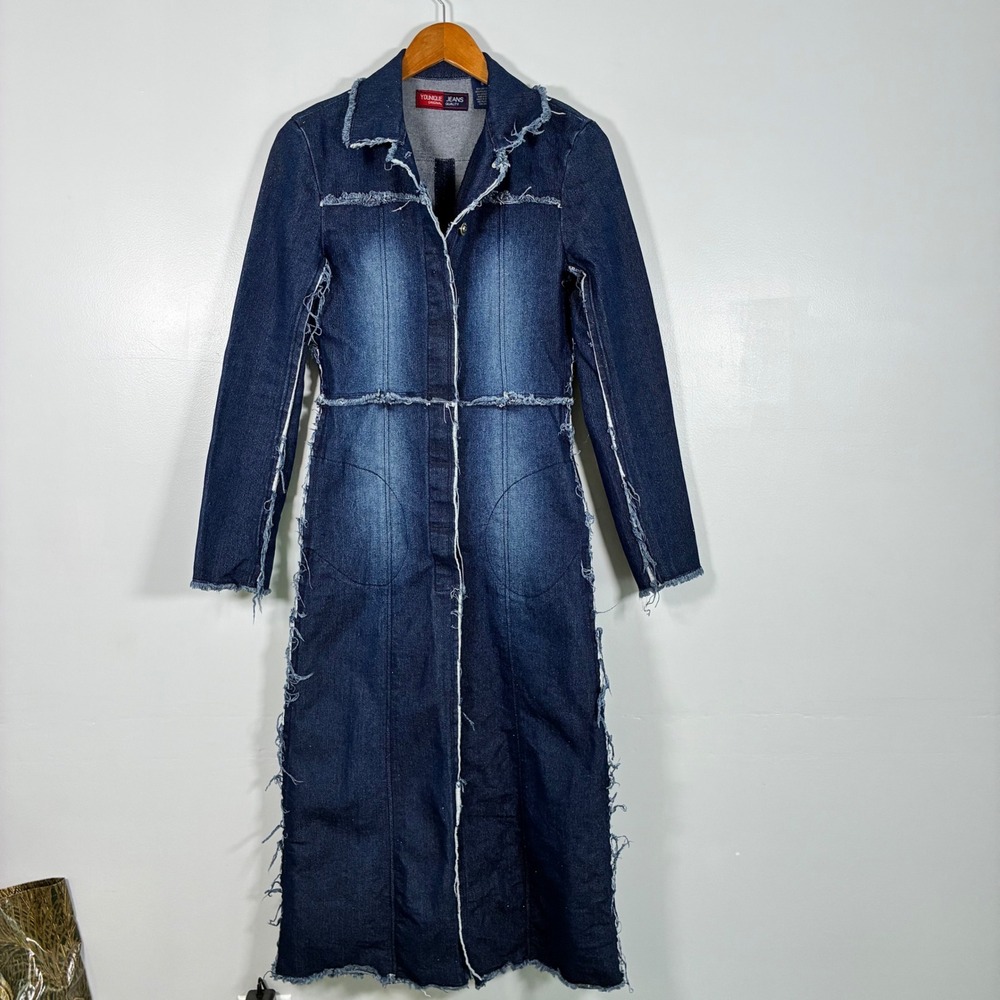 Vtg Y2K Younique Jeans Duster Coat S Distressed Denim Long Grunge Edgy Frayed